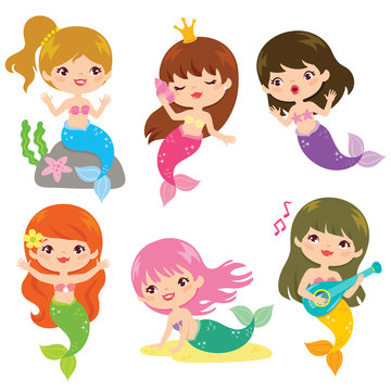 Set of six cute mermaids in different poses over white background