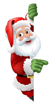 Santa Christmas cartoon character peeking around a sign and pointing at it