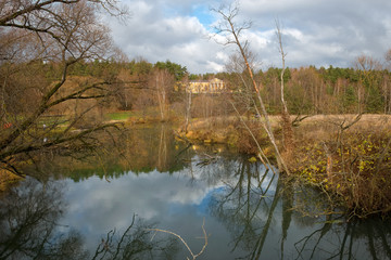 Fototapeta premium Autumn landscape with the Rojayka River. Moscow region
