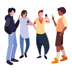 Obraz premium group men using smartphone social media