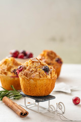 Christmas homemade cranberry muffins. Christmas cake on New Year's background. Copy space.