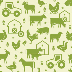 Seamless vector pattern of farm animals, buildings, equipment and other elements in green.