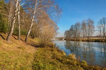 Autumn forest river water panorama. Natural color.