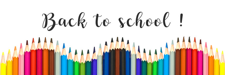 Panorama of colorful pencils on white background with text 