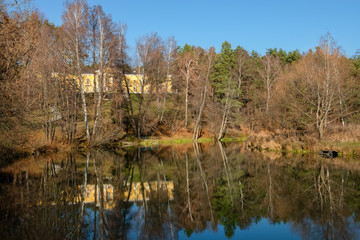 MOSCOW REGION, RUSSIA - NOVEMBER 3, 2018: Country Hotel Bor. Located on a hilltop in a coniferous forest on the banks of the river Rozhayka
