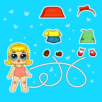 Vector color illustration of paper doll with a set of clothes. Design of the game with a doll to cut out. Game with the choice of dress for girls