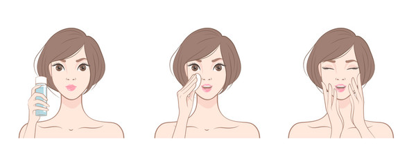 Happy young woman with clean fresh skin. Beauty Skin Care. Cartoon Girl with lotion bottle. Vector illustration