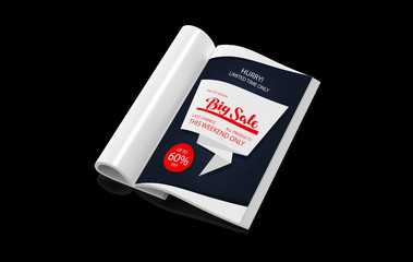 Magazine with rolled white paper pages isolated on black background. blank book, catalogue or brochure with folded sheets mock up. 3d illustration