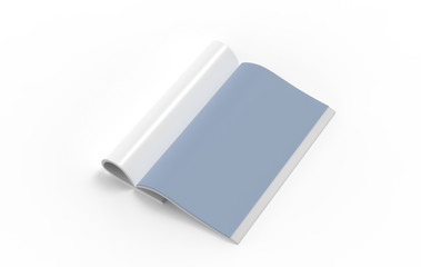 Magazine with rolled white paper pages isolated on white background. blank book, catalogue or brochure with folded sheets mock up. 3d illustration