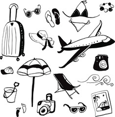 Collection of summer travel doodles with ink contour. Vector stock set. Cute vacation icons. Can be used for printed materials. Beach holiday background. Hand drawn design elements.