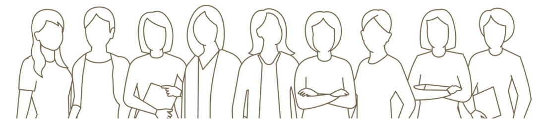 Big set business womens group. lady management team. Businesswomens standing. Female work partnership. Horizontal banner. Outline contour line vector illustration.