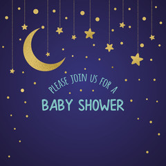 Obraz na płótnie Canvas Baby Shower Invitation Template with sparkle golden moon, stars on dark blue vector