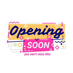 Yellow opening soon banner template with flat memphis design style.