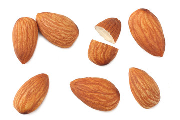 almonds isolated on white background top view
