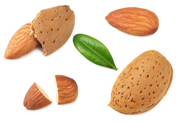 almonds with green leaves isolated on white background. top view.