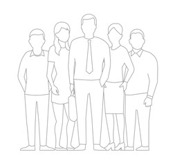 A group of people, workers team. Teamwork. Work partnership leadership. Men and women in business. Outline contour line vector illustration.
