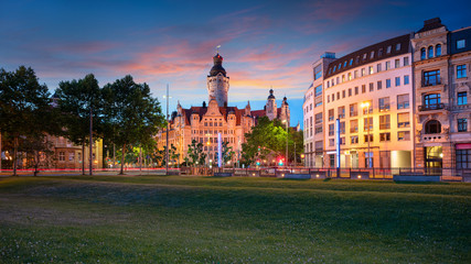 Leipzig, Germany. Cityscape image of Leipzig downtown with New Town Hall during beautiful sunset. 