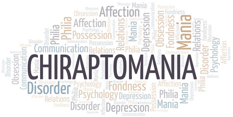 Chiraptomania word cloud. Type of mania, made with text only.