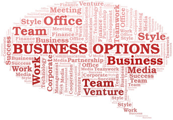 Business Options word cloud. Collage made with text only.