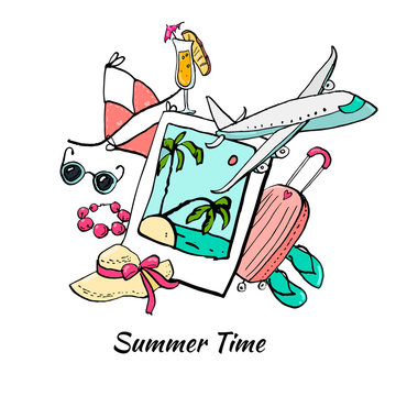 Collection of summer travel doodles with ink contour. Vector stock set. Cute vacation icons. Can be used for printed materials. Travel holiday background. Hand drawn design elements. Festive card.