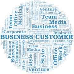 Business Customer word cloud. Collage made with text only.