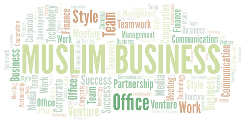 Muslim Business word cloud. Collage made with text only.