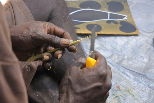 Aboriginal artist preparing a paintbrush from a reed plant Northern Territory Australia