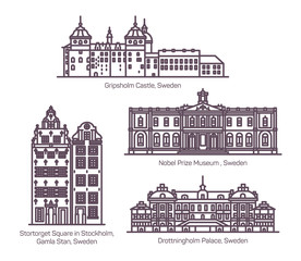 Set of Sweden architecture landmarks in line
