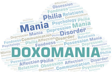 Doxomania word cloud. Type of mania, made with text only.
