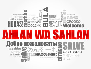 Ahlan Wa Sahlan (Welcome in Arabic) word cloud in different languages, conceptual background