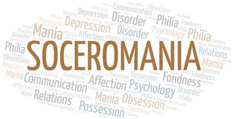 Soceromania word cloud. Type of mania, made with text only.