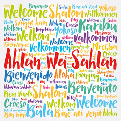 Ahlan Wa Sahlan (Welcome in Arabic) word cloud in different languages, conceptual background