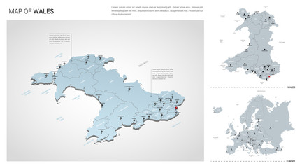 Vector set of Wales country.  Isometric 3d map, Wales map, Europe map - with region, state names and city names.