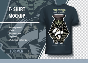 T-shirt template in vector. Nephthys is the goddess of sadness in ancient Egyptian mythology.