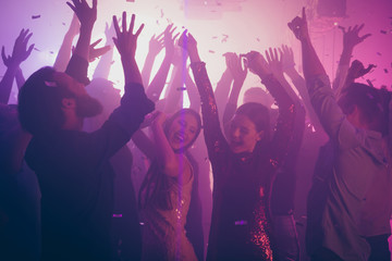 Photo of many birthday amazing people dancing students life purple lights confetti flying nightclub...