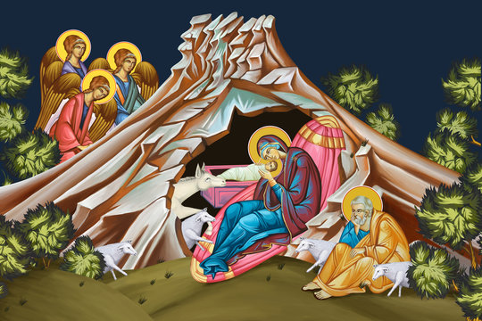 Jesus birth. Christmas religious illustration - fresco in Byzantine style