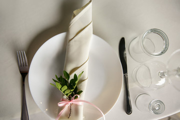 Table setting with flowers, copy space