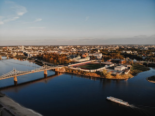 The old Volga bridge in Tver over the Volga at sunset. Top view