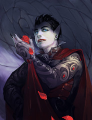 Fantasy portrait illustration of a weird and sinister vampire creature on the dark stone background