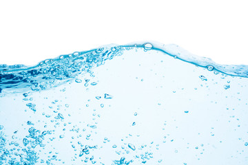 blue water surface with splash, waves and air bubbles on white background