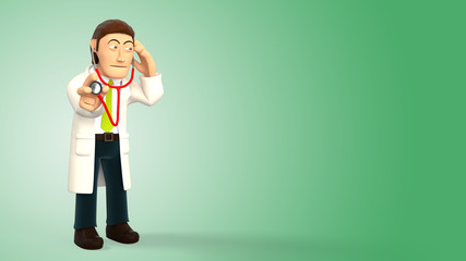 Obraz na płótnie Canvas Cartoon 3d doctor listening with a stethoscope on a green gradient background 3d rendering