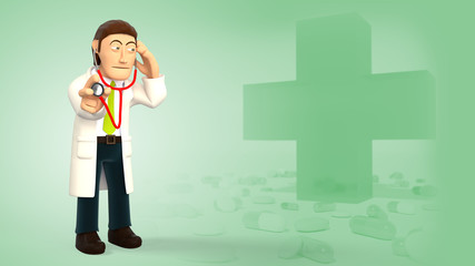 Cartoon 3d doctor listening with a stethoscope on a green background with medical cross and pills 3d rendering