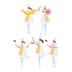 Set of activities woman chef in uniform. Professional restaurant worker.