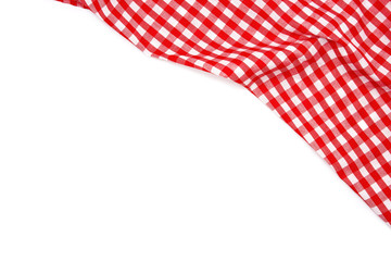 Wrinkled red gingham fabric isolated on white background, with copy space.  - obrazy, fototapety, plakaty