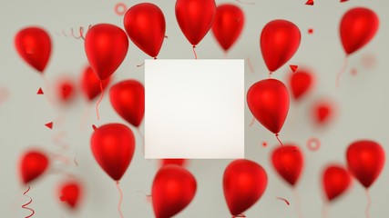 Gift card, birthday card with balloons. A balloons banner sign with party balloons. 3D Rendering.