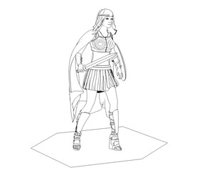 warrior woman character, contour visualization, 3D illustration, sketch, outline