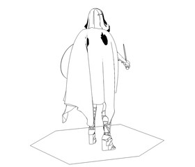 warrior woman character, contour visualization, 3D illustration, sketch, outline