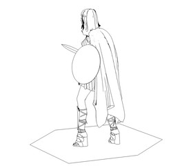 warrior woman character, contour visualization, 3D illustration, sketch, outline