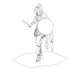 Fototapeta na wymiar warrior woman character, contour visualization, 3D illustration, sketch, outline