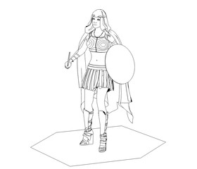 warrior woman character, contour visualization, 3D illustration, sketch, outline